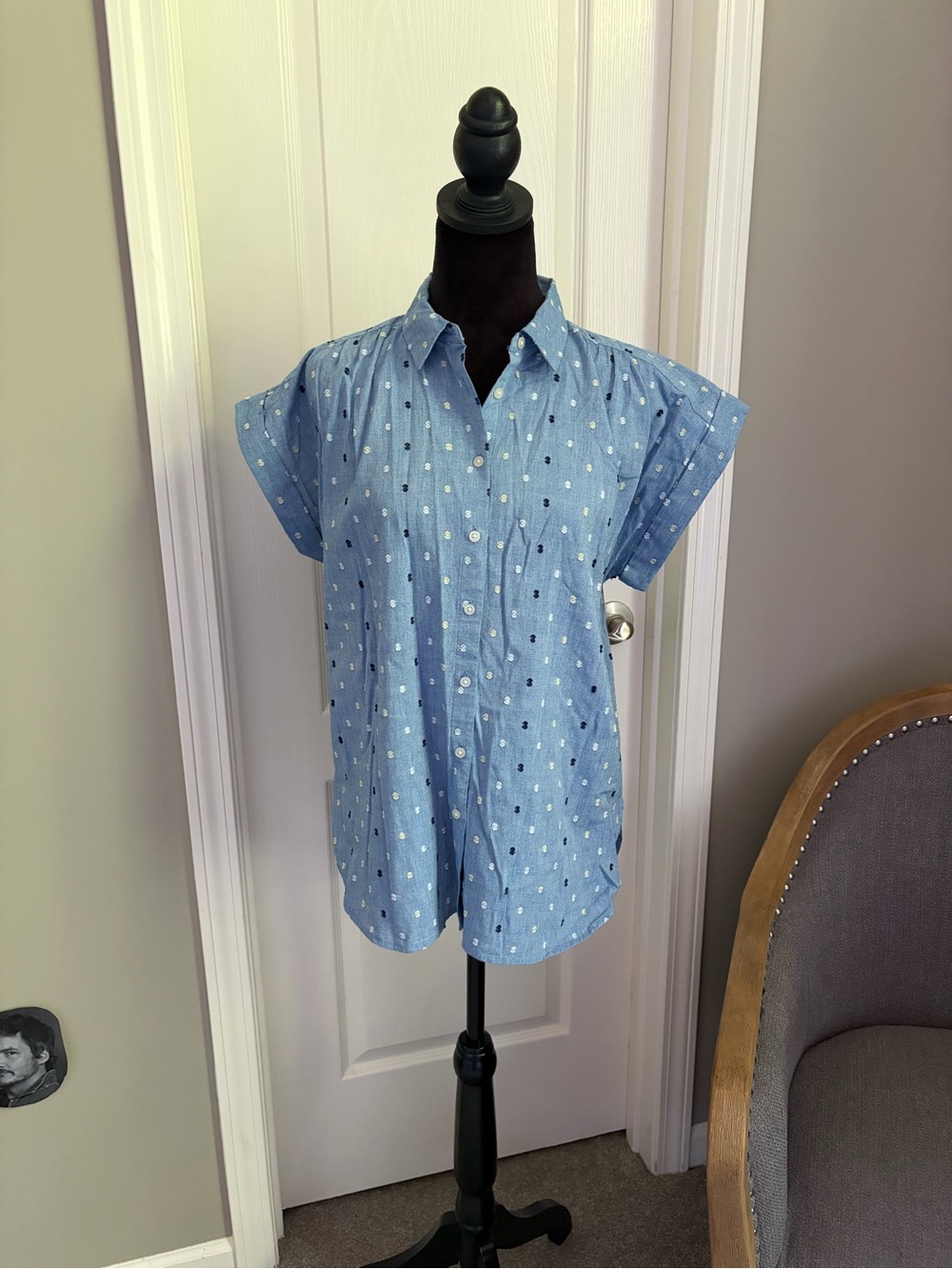 LOFT Light Blue Dot Cap-Sleeve Button-Down Shirt